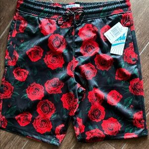 Red Rose Patterned Swim Shorts